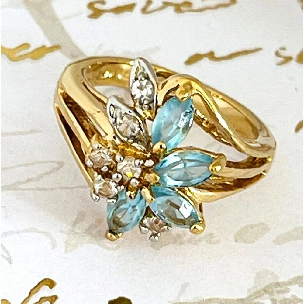 Vintage 1980s Uncas Crystal Cluster Ring Size 6 14KTGE Gold Plate - 14E